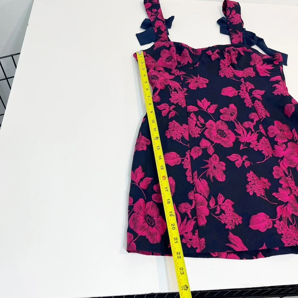 Lulus Lovely Intuition Jacquard Tie-Strap Mini Dress Navy Pink Floral - MEDIUM - Picture 8 of 9